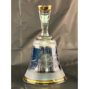 Vintage Bohemia Glass Cobalt Blue Frosted Crystal Bell Gold Trim Floral Etched